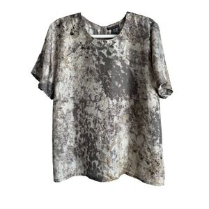 Eileen Fisher Silk Blouse Tidewater Mocha Marble Print Quiet Luxury Lagenlook 1X